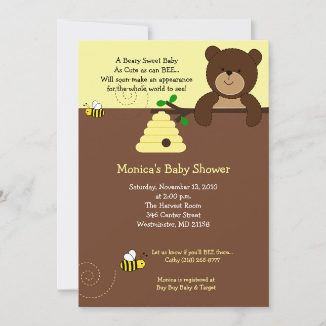 Convites Beary Sweet Bear & Bee Chá de fraldas (Frente)