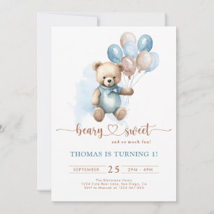 Convites Beary Sweet Boy primeiro aniversario Teddy Bear Bl