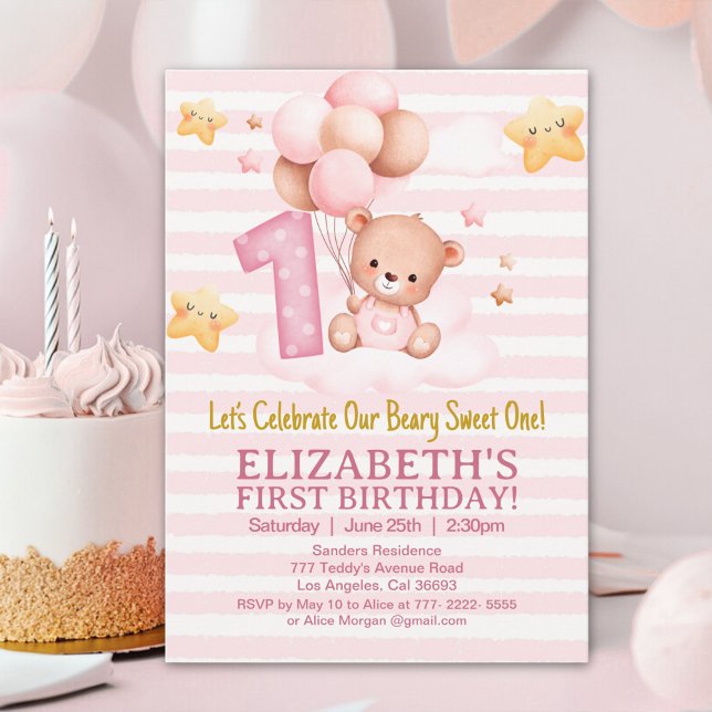 Convites Beary Sweet First Birthday | Pink Boho Bear Girl (Criador carregado)