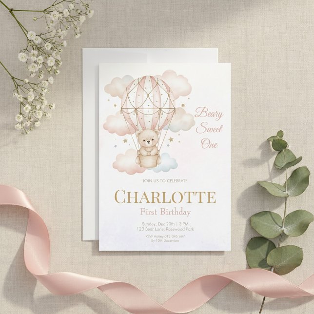 Convites Beary Sweet Hot Air Balloon 1st Birthday  (Criador carregado)
