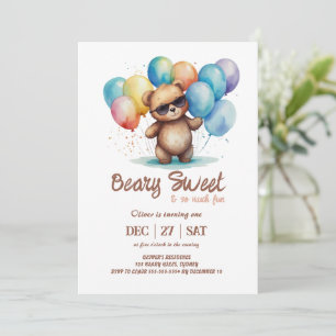 Convites Beary Sweet Ursinho vestindo óculos e balões