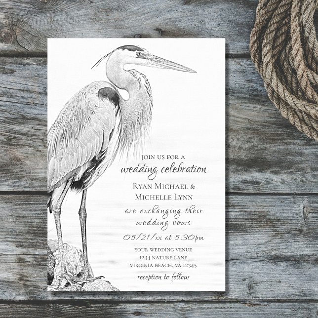 Convites Beautiful Blue Heron Water Bird Sketch Wedding (Criador carregado)