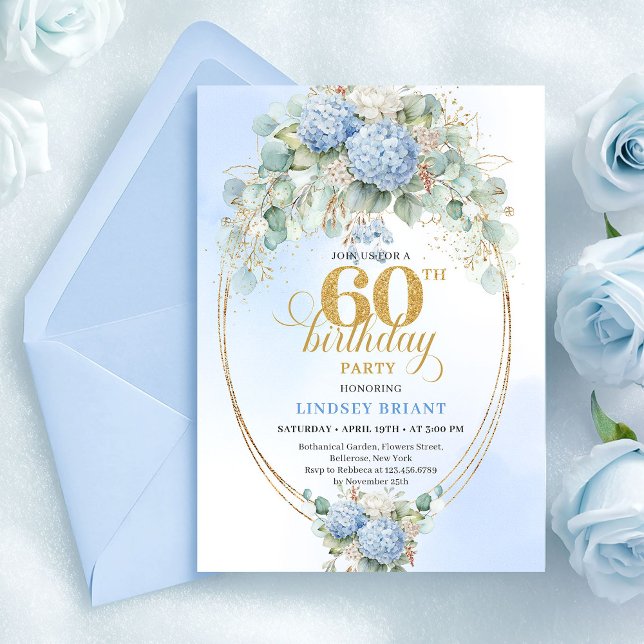 Convites Beautiful Boho Dusty Blue Floral Gold 60 Birthday (Beautiful Boho Dusty Blue Floral Gold 60th Birthday)