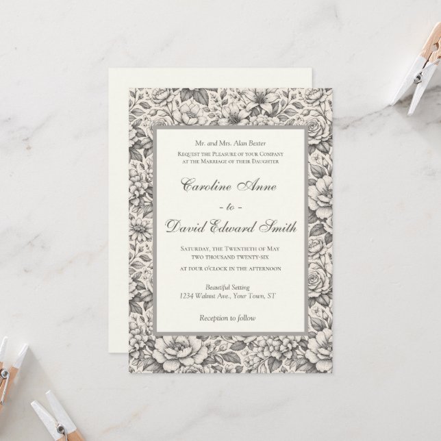 Convites Beautiful Charcoal Etched Flowers Classic Wedding (Frente/Verso In Situ)