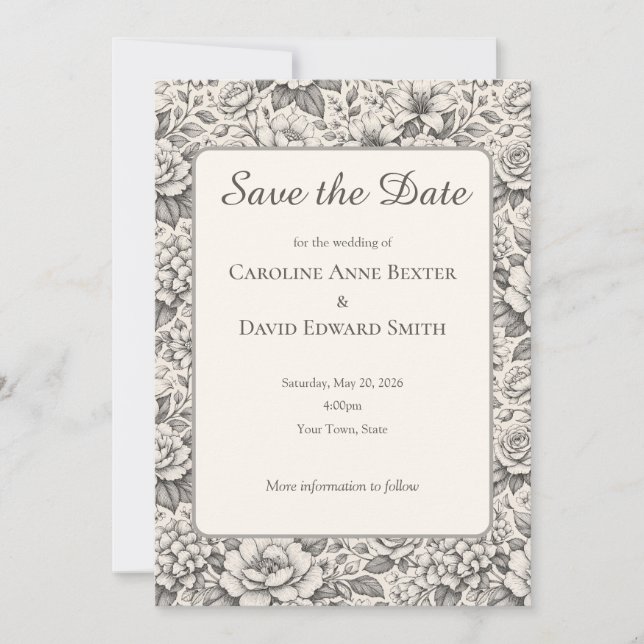 Convites Beautiful Etched Charcoal Colored Flowers Classic  (Frente)