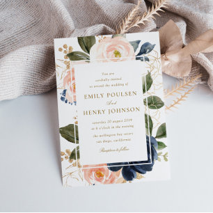 Convites beautiful navy & pink blush blooms wedding