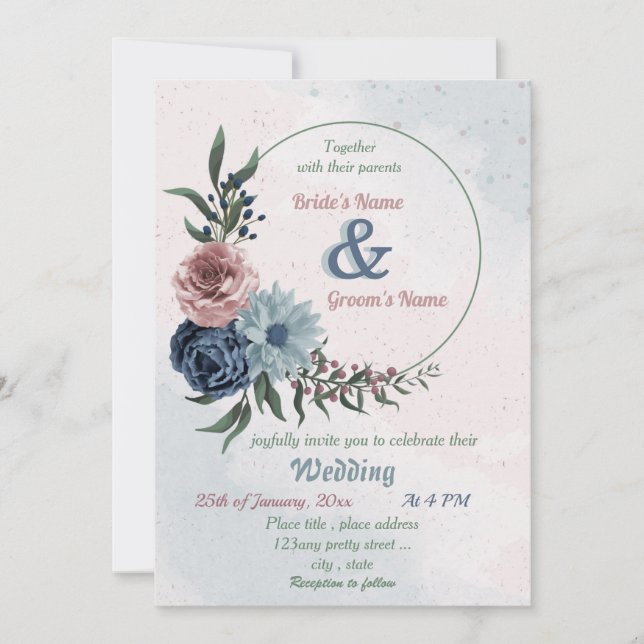 Convites beautiful pink blue floral greenery wreath wedding (Frente)