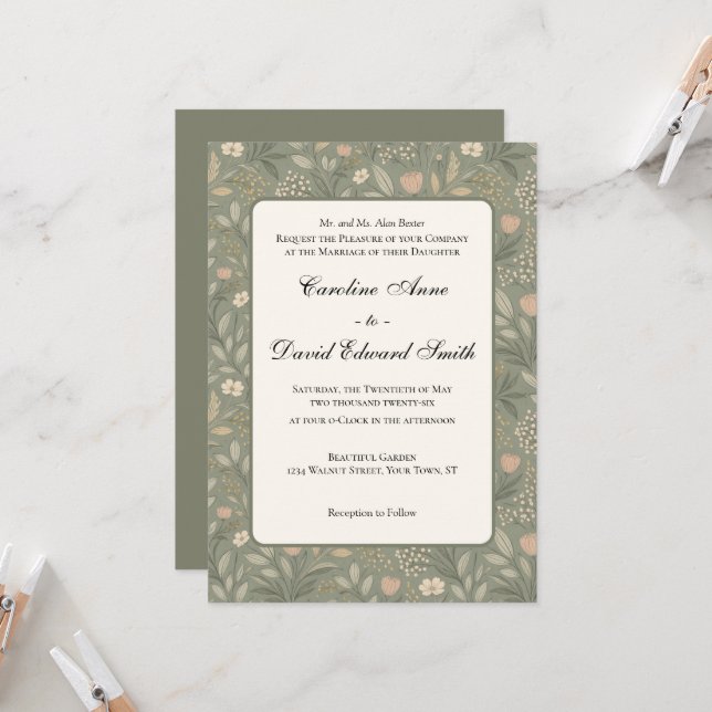 Convites Beautiful Soft Flowers on Sage Green Muted Earthy (Frente/Verso In Situ)