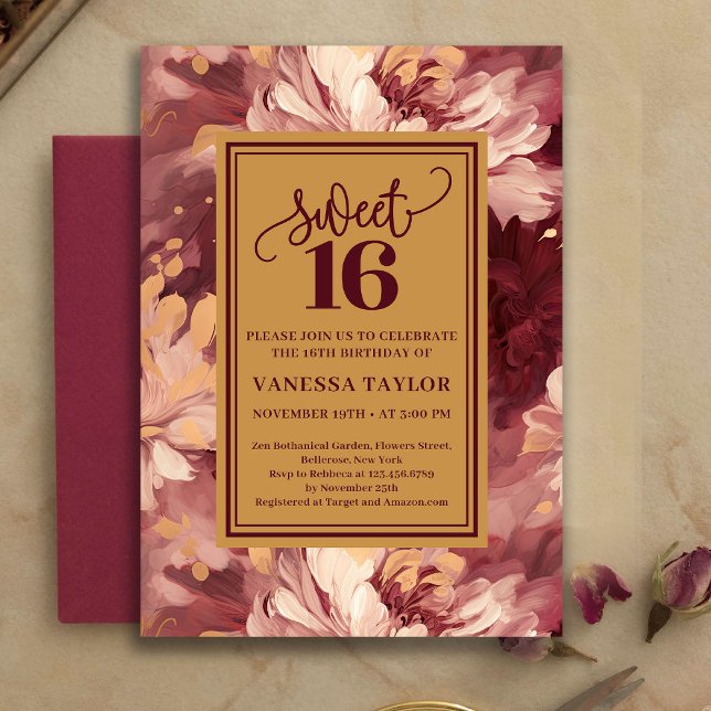 Convites Beautiful Sweet Sixteen Burgundy Blush Boho Invite (Beautiful Sweet Sixteen Burgundy Blush Boho Invite)
