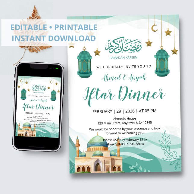 Convites Beautiful Teal Watercolor Mosque Iftar Invitation (Criador carregado)