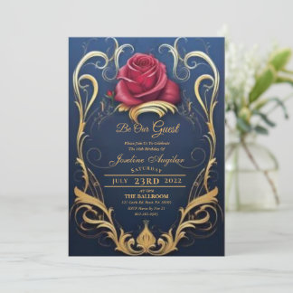 Convites Beauty and the Beast Rosa Vermelha Sweet 