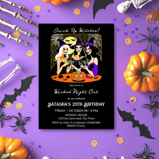 Convites Beba bruxas adultas festa de aniversário do Dia da (Drink up witches Halloween birthday party template invitation digital download pretty witches wine)