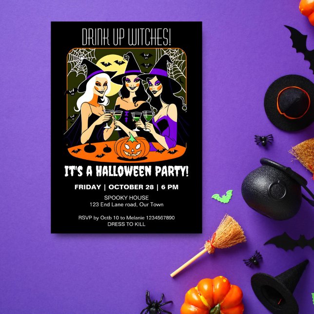 Convites Beba bruxas adultas na festa do Dia das Bruxas (Drink up witches adult Halloween party template invitation digital three pretty witches partying)