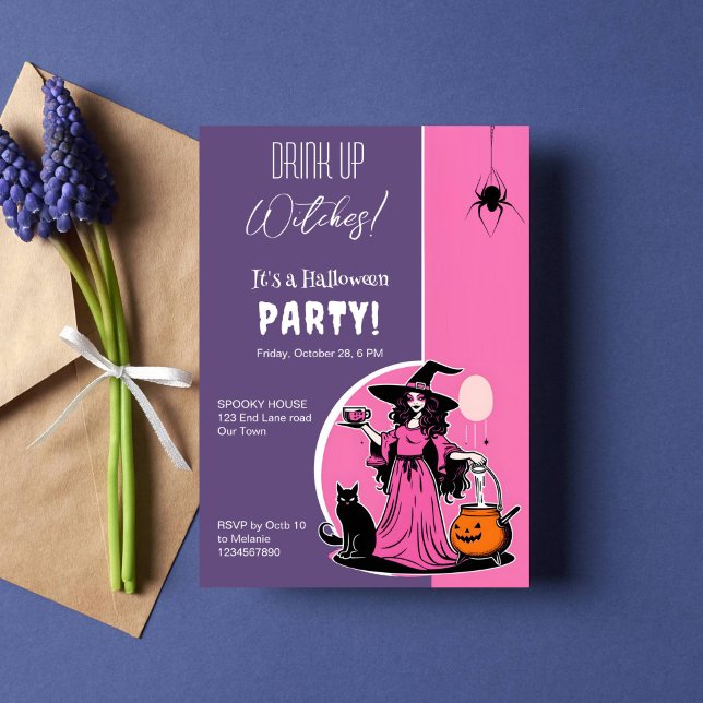 Convites Beba bruxas na festa do Dia das Bruxas (Drink up witches Halloween party template invitation instant download groovy retro witch holding cup)