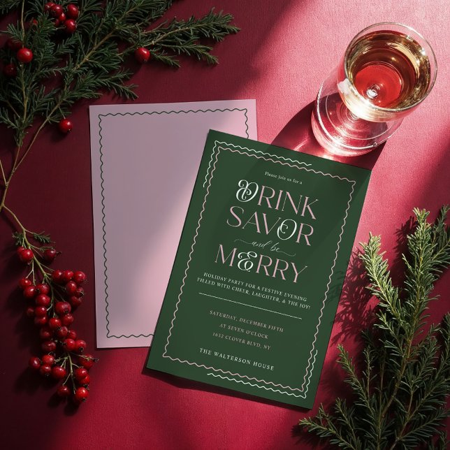 Convites Beba o Savor e seja a Feliz Parte de Feriado de On (Drink Savor and Be Merry Retro Wavy Holiday Party Invitation)