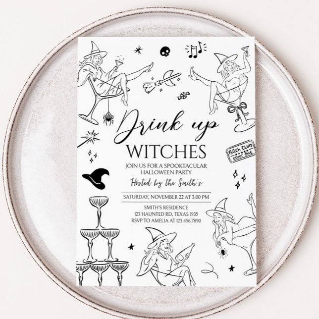 Convites Bebam Bruxas Coquetel Festa de Halloween (Hand Drawn Drink Up Witches Halloween Party Invitation)