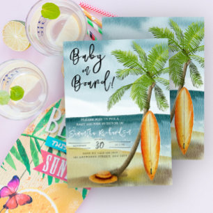 Convites Bebê a Bordo Aquarela de surfe na praia baby showe