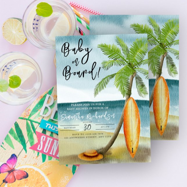 Convites Bebê a Bordo Aquarela de surfe na praia baby showe (Criador carregado)