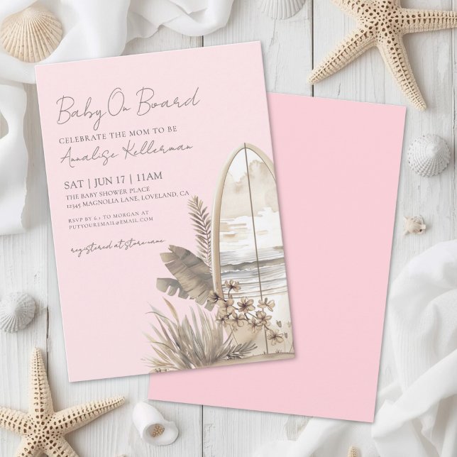 Convites Bebê a Bordo Chá de Bebê Rosa Boho Praia (Baby On Board Pink Boho Beach Baby Shower Invitation)