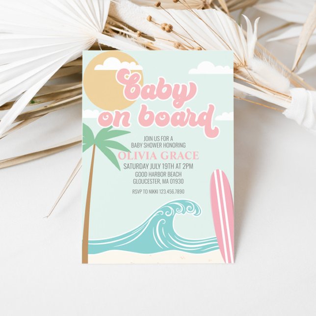 Convites Bebê a Bordo Churrasco de Bebê Praia de Surf Rosa (Criador carregado)