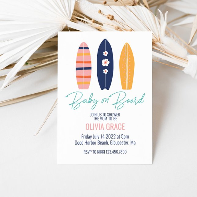 Convites Bebê a Bordo Pink Surfboard Baby Shower (Criador carregado)