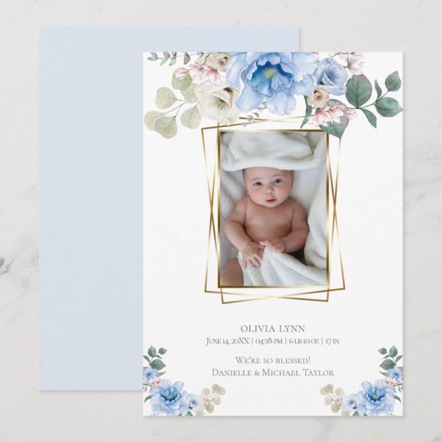 Convites Bebê | Adicionar Foto Azul Peonias Douradas Quadro (Frente/Verso)