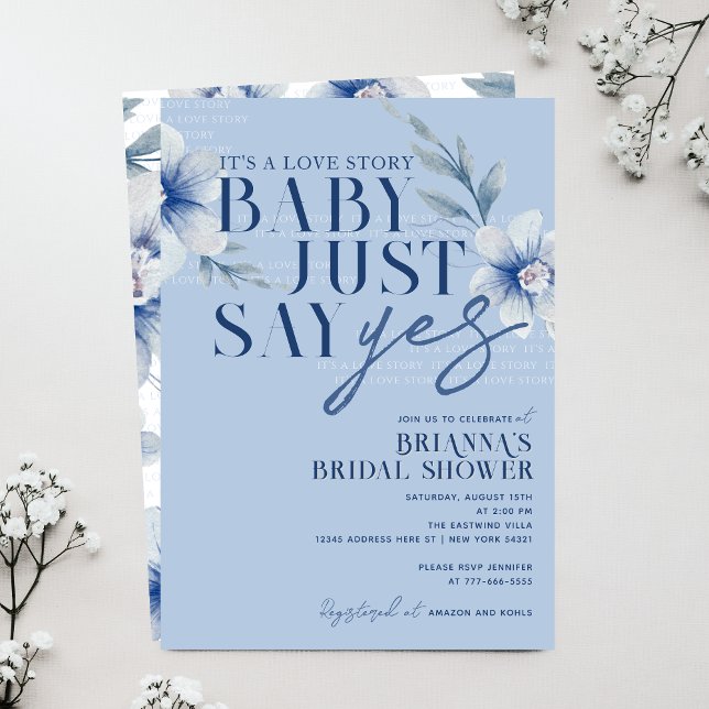 Convites Bebê Apenas Diga Sim Chá de panela Azul (Baby Just Say Yes Dusty Slate Blue Watercolor Floral Bridal Shower Invitations)