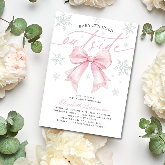 Convites Bebê Arco rosa Está frio fora do Chá de fraldas de (Celebrate your bundle of joy using our Pink Bow “Baby It’s Cold Outside Baby Shower Invitation". )