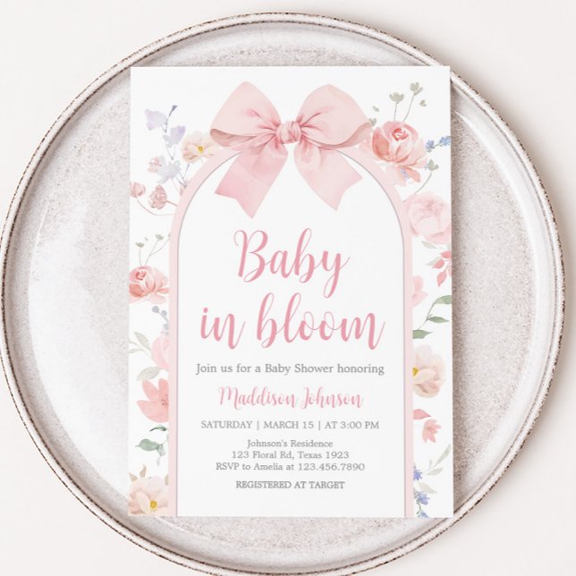 Convites Bebê Arco Rosa Floral, com Chá de fraldas de Sangu (Floral Pink Bow Arch Baby in Bloom Baby Shower Invitation)