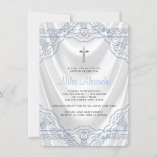 Convites Bebê Azul Batismo Natal Satin Branco
