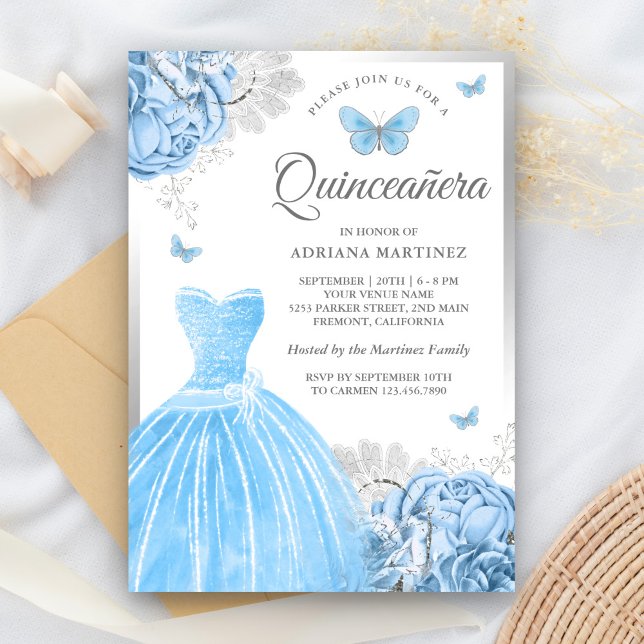 Convites Bebê Azul Borboleta Floral Silver Quinceanera (Criador carregado)