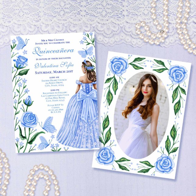 Convites Bebê Azul Borboletas Princesa Foto Quinceanera (Baby Blue Butterflies Princess Photo Quinceanera Invitation)