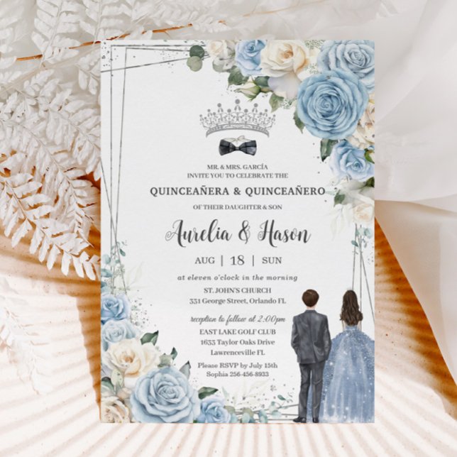 Convites Bebê Azul Branca Gêmeos Brancos Garota Quinceañera (baby blue white floral roses silver quinceanero quinceanera twins boy girl invitation cards download)