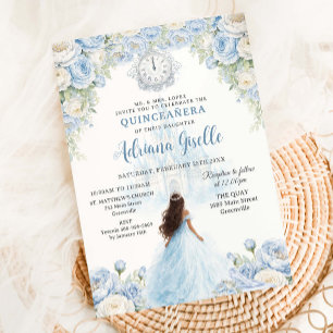 Convites Bebê Azul Branco Floral Cinderela Quinze Anos