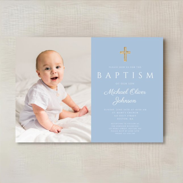 Convites Bebê Azul Cruz Religiosa Foto Batismo (Baby Blue Religious Cross Boy Photo Baptism Invitation)