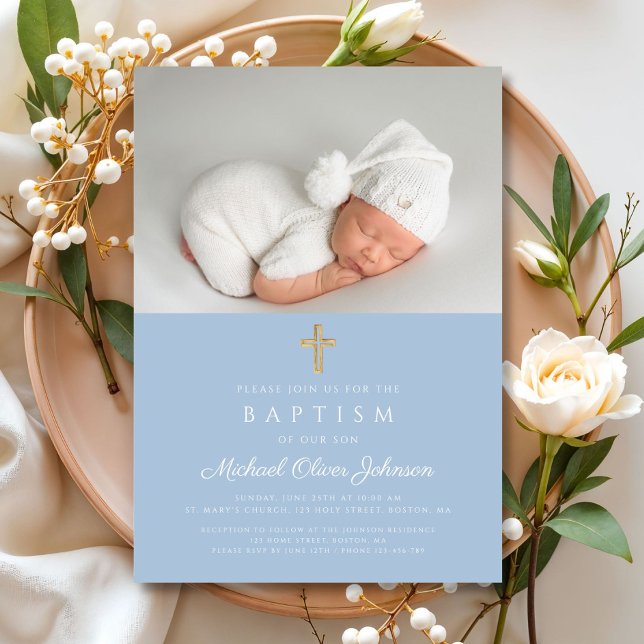 Convites Bebê Azul Cruz Religiosa Foto Batismo (Baby Blue Religious Cross Boy Photo Baptism Invitation)