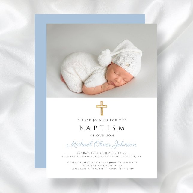 Convites Bebê Azul Cruz Religiosa Foto Batismo (Baby Blue Religious Cross Boy Photo Baptism Invitation)