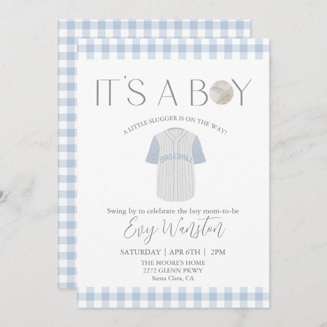 Convites Bebê azul de baseball Oh, garoto chá de fraldas co (Frente/Verso)