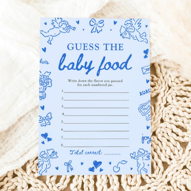 Convites Bebê Azul Desenhado à Mão Chute o Comida de Bebê (Blue Hand Drawn Baby Shower Guess The Baby Food Game)