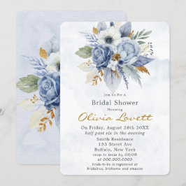 Convites Bebê Azul Dourado Aquarela Peony Chá de panela