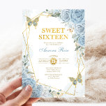 Convites Bebê Azul Dourado Sweet 16 Borboleta Quadro Geomét<br><div class="desc">O convite perfeito para o doce 16 da sua filha está finalmente aqui! Este convite apresenta elegantes rosas azuis empoeirados de cor d'água,  borboletas doces e estrutura geométrica de ouro moderna. Clique no botão "personalizar mais" se quiser reorganizar e formatar o estilo e a posição do texto.</div>