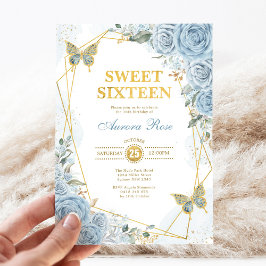 Convites Bebê Azul Dourado Sweet 16 Borboleta Quadro Geomét