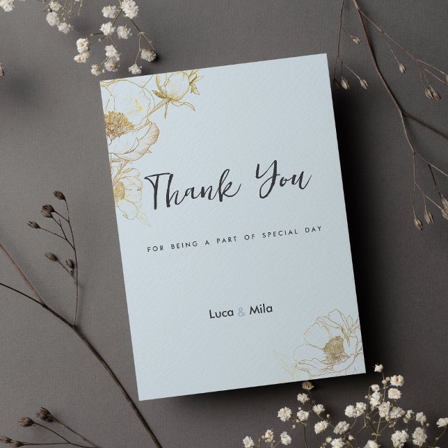 Convites Bebê azul dourado turfa floral Obrigado (Baby blue gold glitter peony floral Thank You )