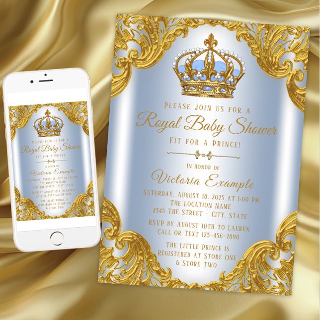 Convites Bebê Azul e Dourado Príncipe Bebê Chamas de Chuvei (Baby Blue Gold Prince Baby Shower Invitations. Instant download and printed invitations available.)