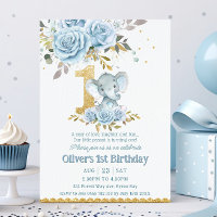 Bebê Azul Floral Elefante Um primeiro aniversario