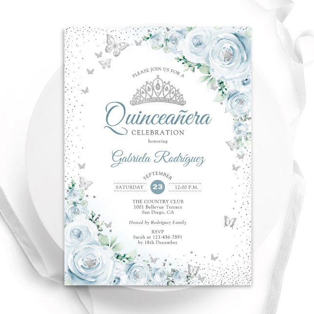 Convites Bebê Azul Floral Rosas de Aquarela Quinceanera (Criador carregado)