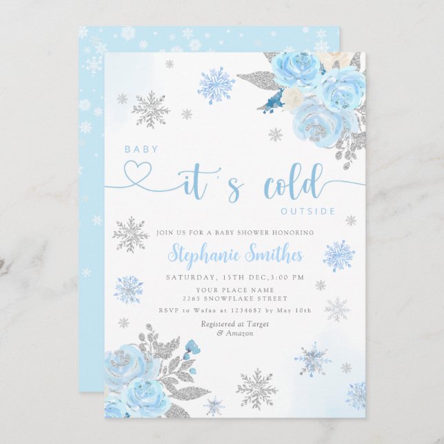 Convites Bebê azul-inverno Está frio fora do Chá de fraldas (Frente/Verso)