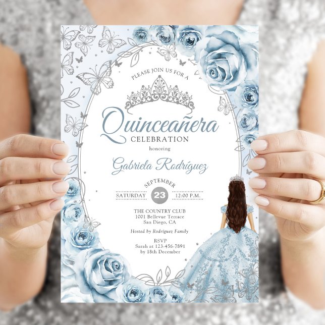Convites Bebê Azul Prata Floral Quinceanera (Criador carregado)