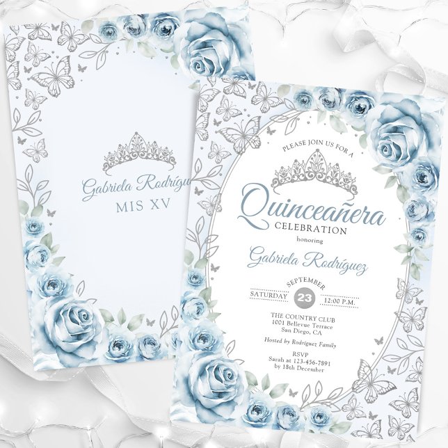 Convites Bebê Azul Silver Quinceanera (Criador carregado)