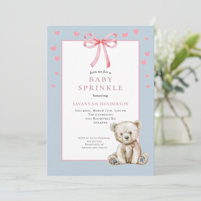 Convites Bebê Azul Suave com Chuva de Confetes e Laço Urso  (Em pé/Frente)